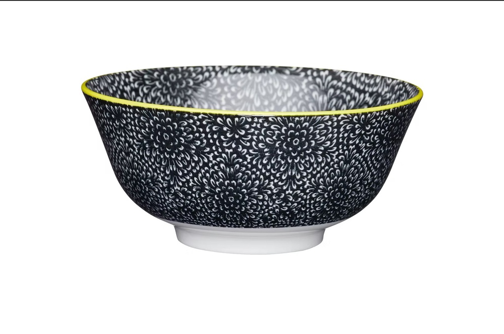 KitchenCraft Glazed Stoneware Bowl, Black Floral, 15.5x7.5cm, Labelled